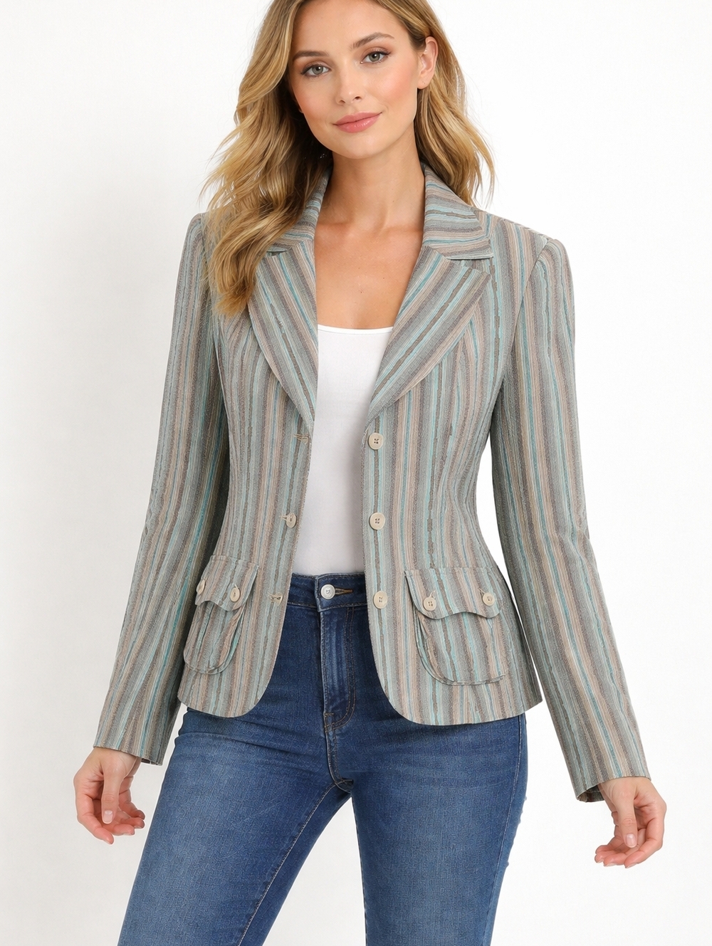 Cotton Biacci Women's Striped Blazer - Teal and Brown Sz 4 EUC